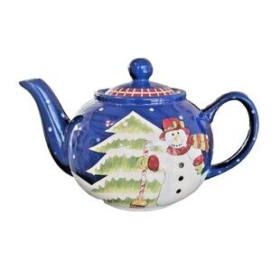 Gates Ware Holiday Blue Snowman with Christmas Tree painted on both sides w LID